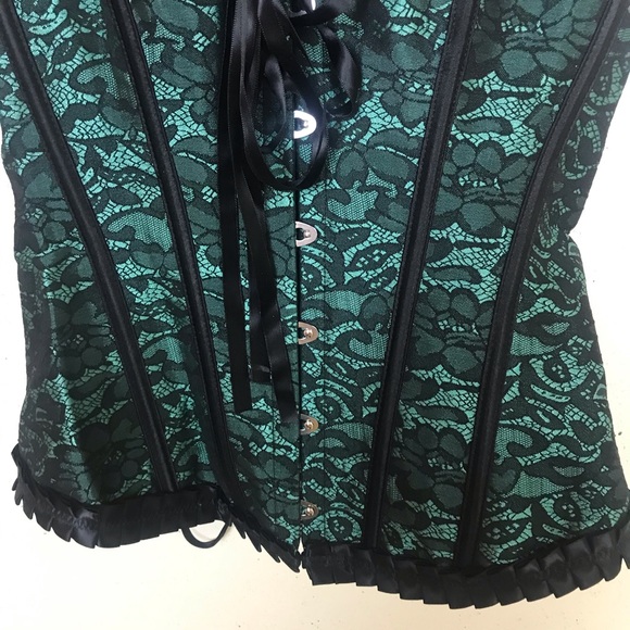 Green Black Lace Up Strapless Corset Top Small - Picture 3 of 7